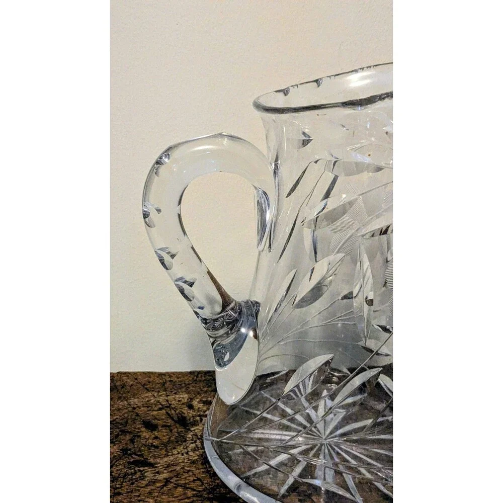 Antique Cut Glass Crystal Water Pitcher Intaglio Daisy Flower Leaf 8.5